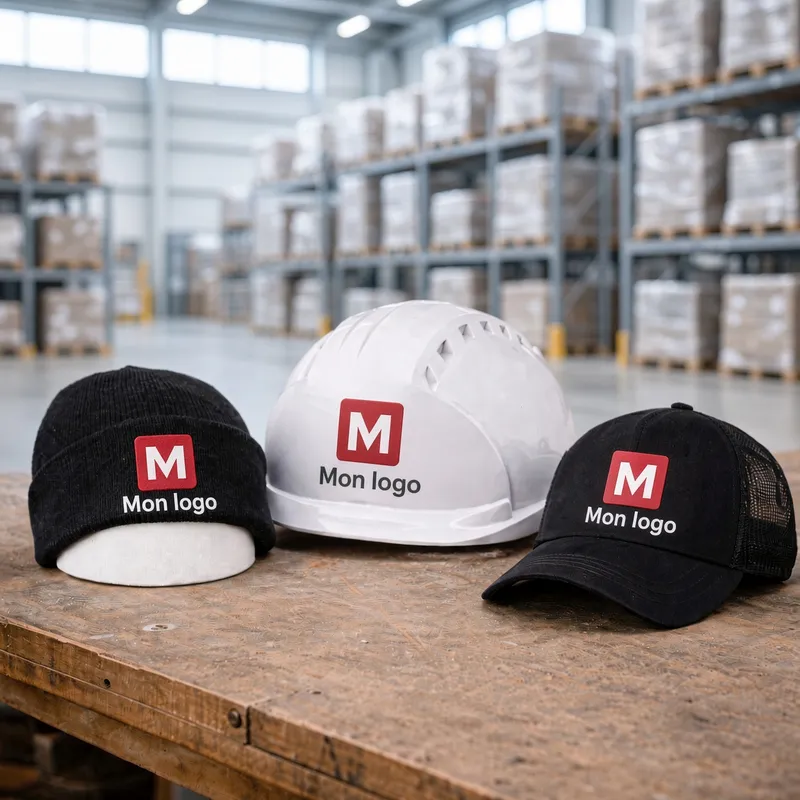 Beanie, safety helmet and cap customised with a logo