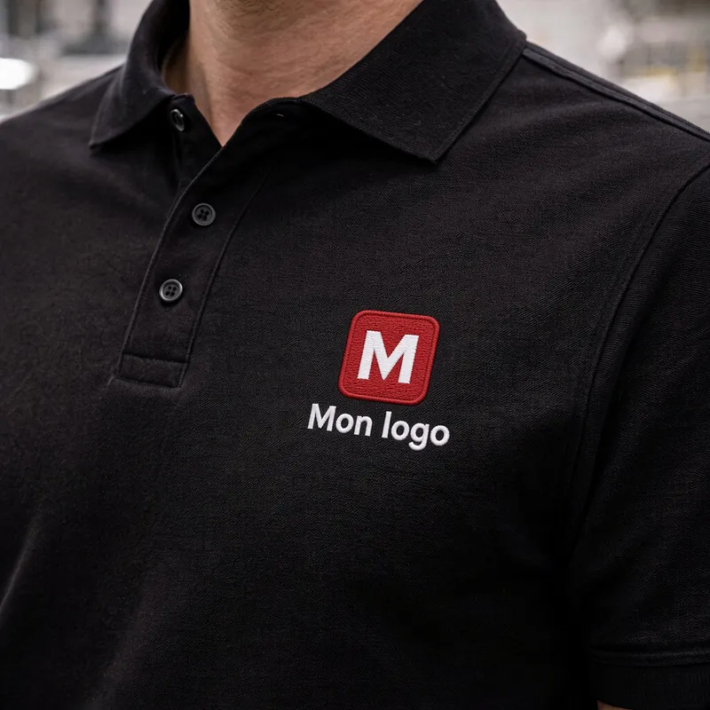 Black polo shirt embroidered with a company logo on the chest