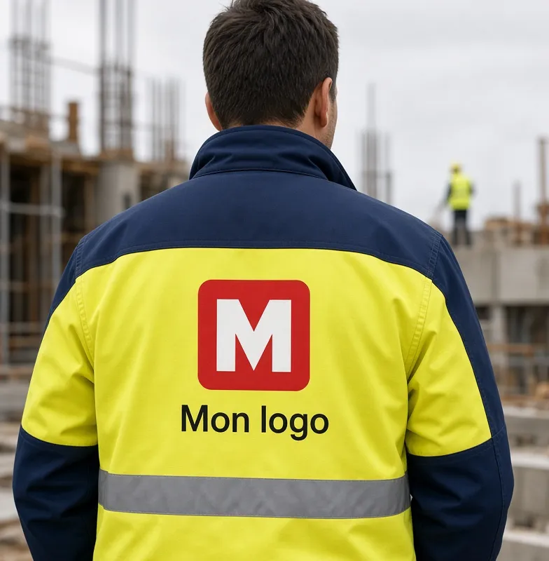 High-visibility jacket with a large logo printed on the back